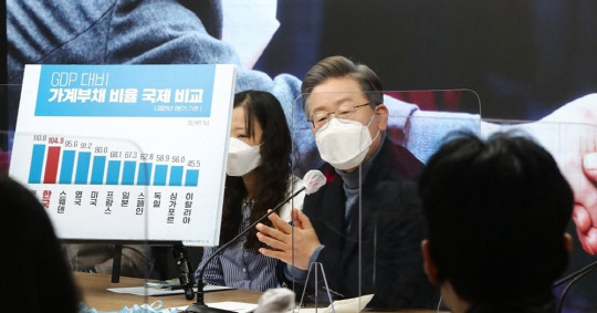 이재명 더불어민주당 대선 후보가 6일 서울 여의도 당사에서 열린 소상공인과 함께하는 전국민선대위에서 발언하고 있다. <연합뉴스>